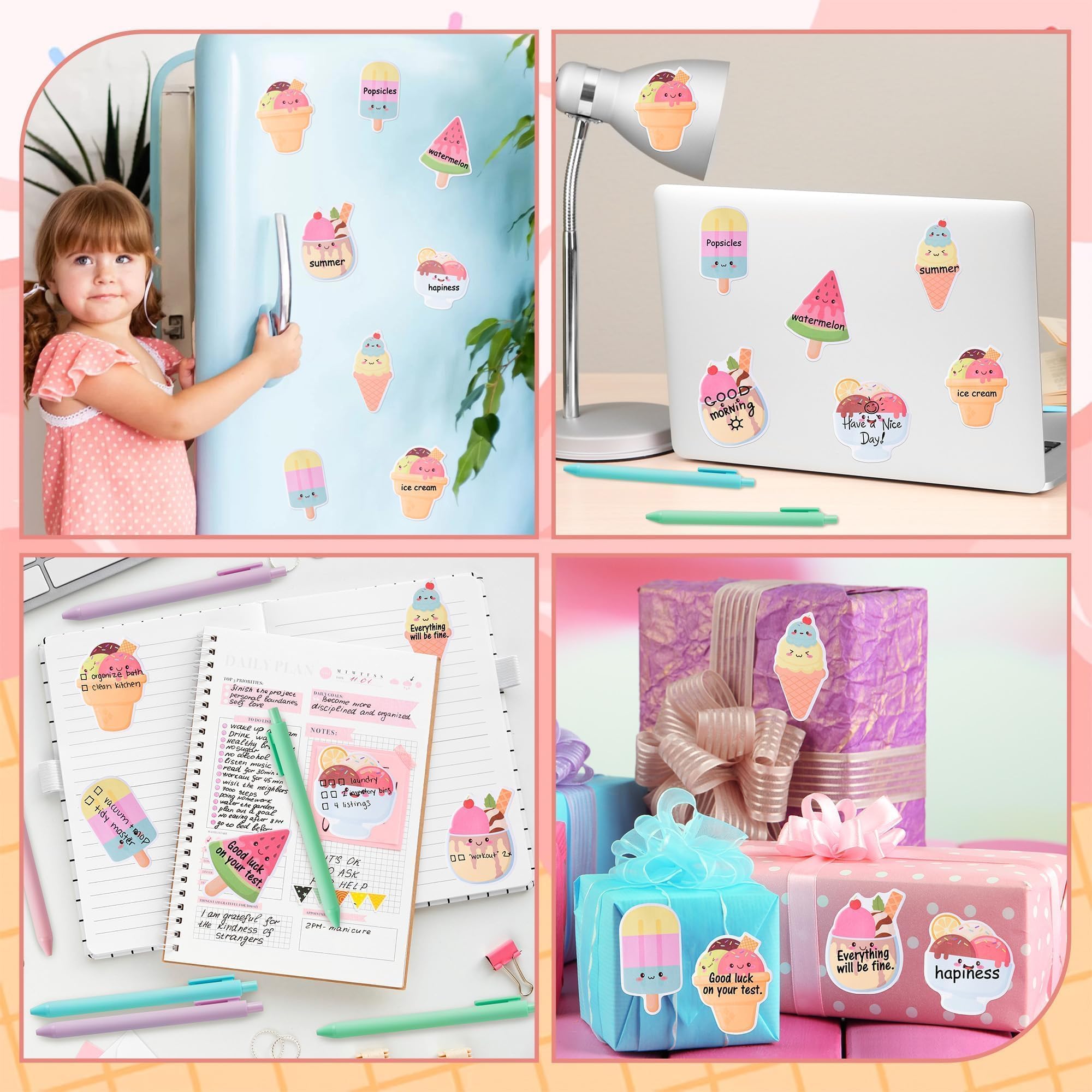 L1rabe Notas adhesivas de helado de verano – Juego de 24 blocs de notas autoadhesivos de postre de verano con bolígrafos, cintas, premios de regreso a clases, juegos de regalo para niños y estudiantes