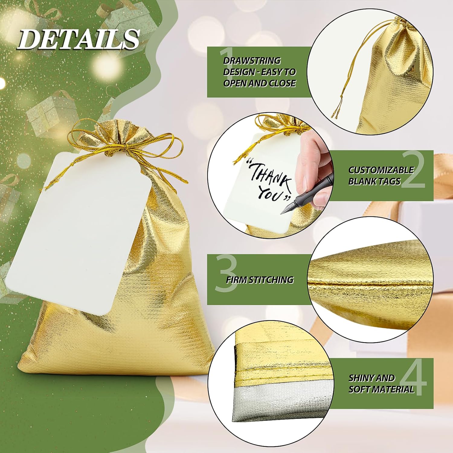 DOYIDE 100Pcs Gold Drawstring Gift Bags, 3x4in Small Jewelry Bags Drawstring Pouches, Shiny Wedding Party Favor Bags, Sachet Bags Empty for Birthday Party Christmas Baby Shower Candy Favors - Image 3