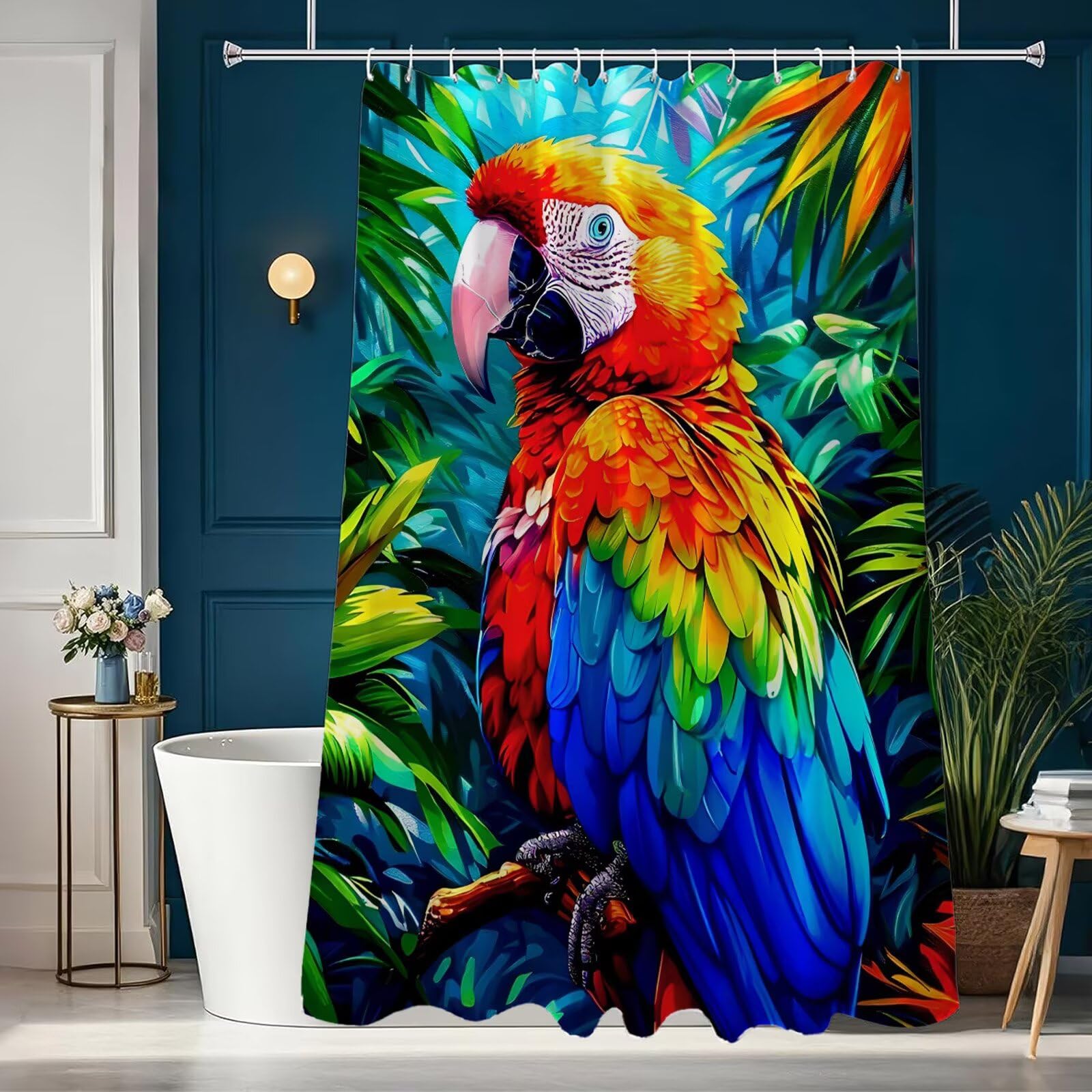 Wasserdichter Duschvorhang Anti-Schimmel 240x200 cm, Waschbar Schnelltrocknend Textil Stoff Polyester Duschvorhang Papagei Shower Curtain mit Gewicht und 12 Ringe für Badewanne, Bunt J8-669