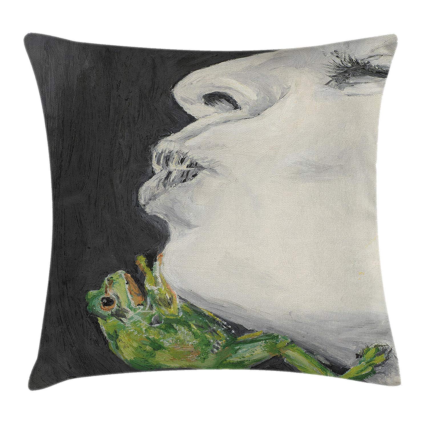 Country Throw Pillow Cushion Cover, Drawing of Lady Kissing The Frog Prince Soul Mates Love Boho Animal Chic Art, Decorative Square Accent Pillow Case, 18 X 18 inches, Grey Green Black