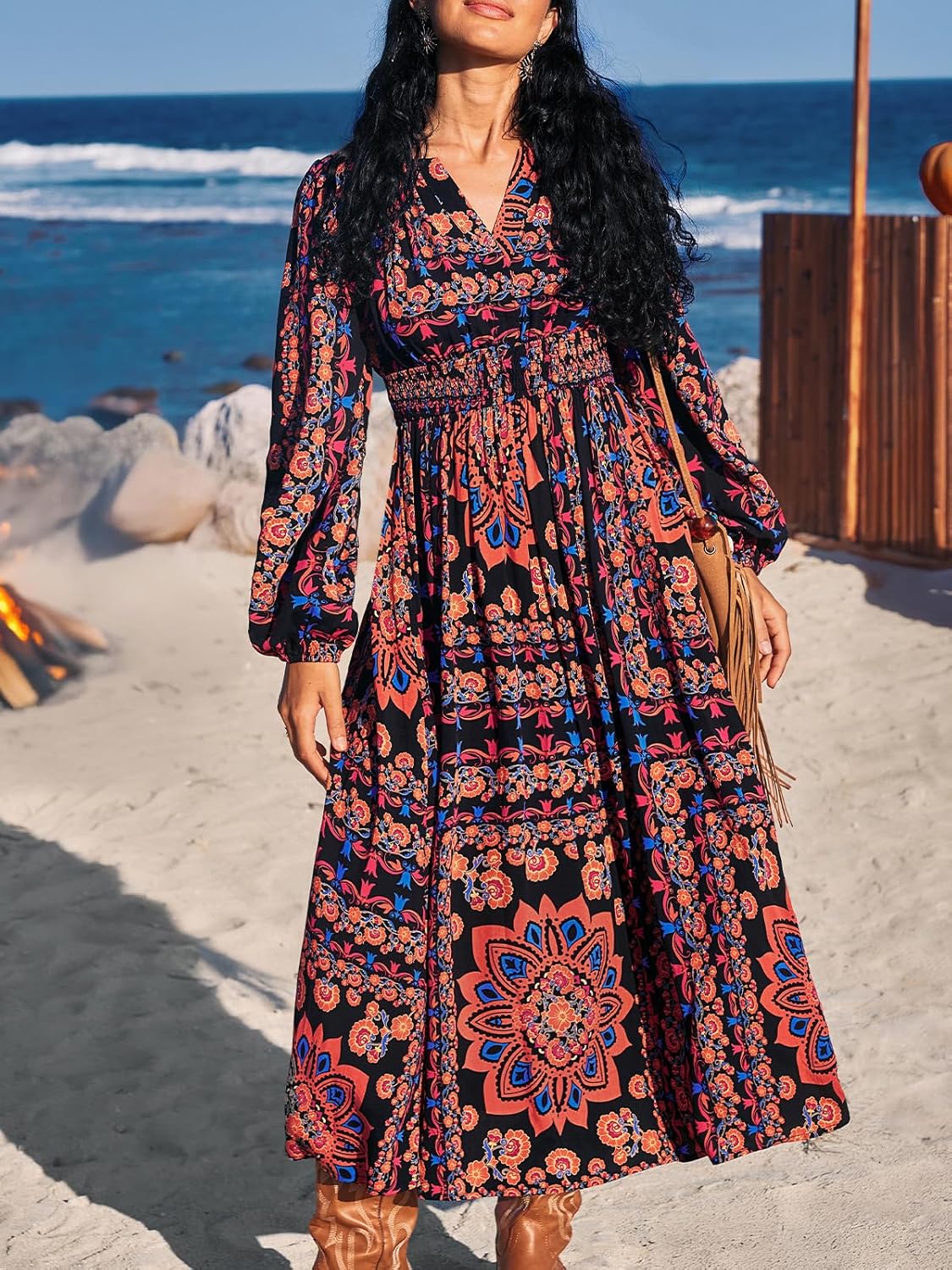 CUPSHE Women Fall Dresses Floral Long Sleeve V Neck Casual A Line Long Flowy Boho Smocked Maxi Dress - Image 5