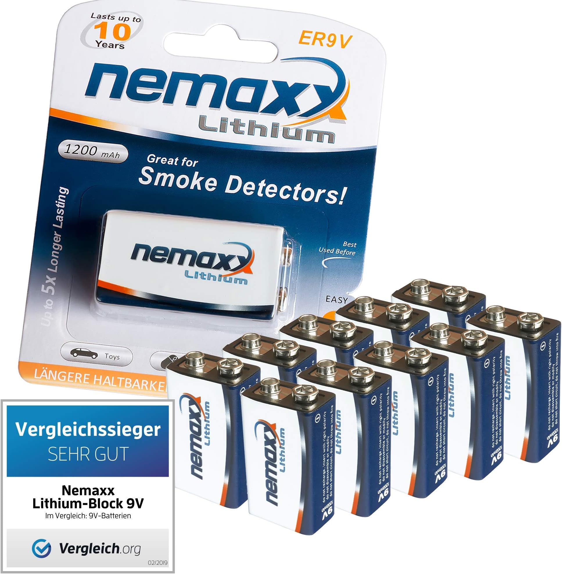 10x Nemaxx Lithium 9V Battery for Smoke detectors 10 Years Life Span
