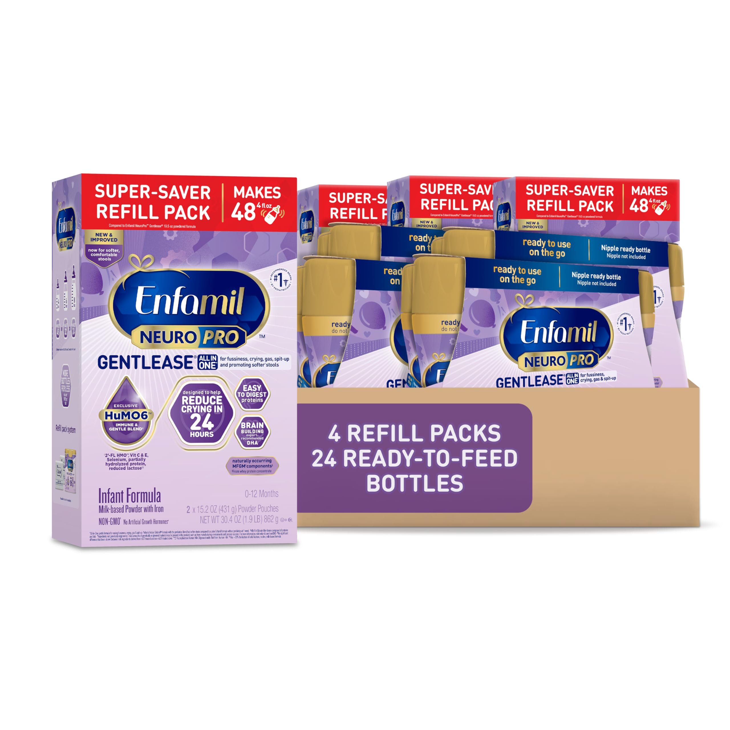EnfamilNeuroPro Gentlease Baby Formula, Brain Building DHA, Reduce Fussiness, Crying, Gas & Spit-up, Infant Formula Powder, 30.4 Oz (Pack of 4) + 8 Fl Oz, 24 Bottles