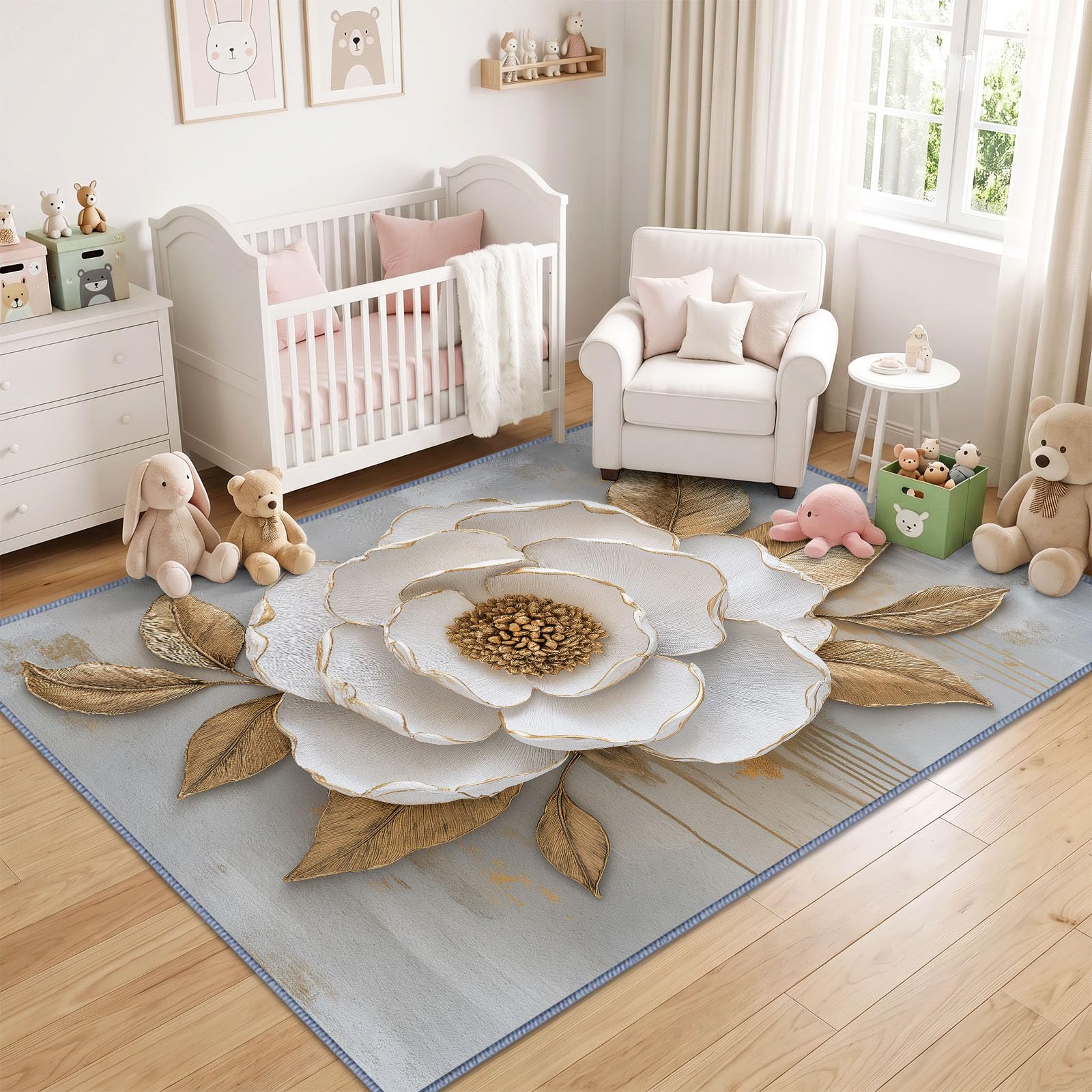 Générique Tapis Antidérapant Floral Relief 3D 80 x 150 cm, Tapis Doux Poil Ras Pivoine Blanche Bordure Métallique Lavable, Convient pour Chambre Salon Salle a Manger Bureau Cuisine Decoration