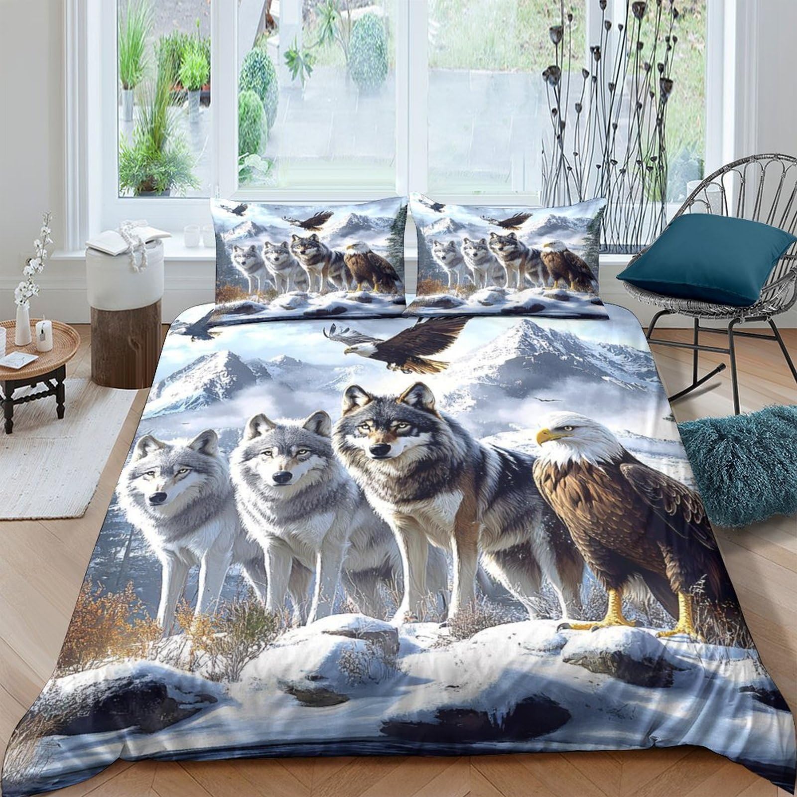 GPLZQXKJNH 3D Printed Wolf Mountain Duvet Cover Microfiber Soft Breathable Eagle Quilt Cover Set with 2 Pillowcases for Bedroom Decor Single（135x200cm）