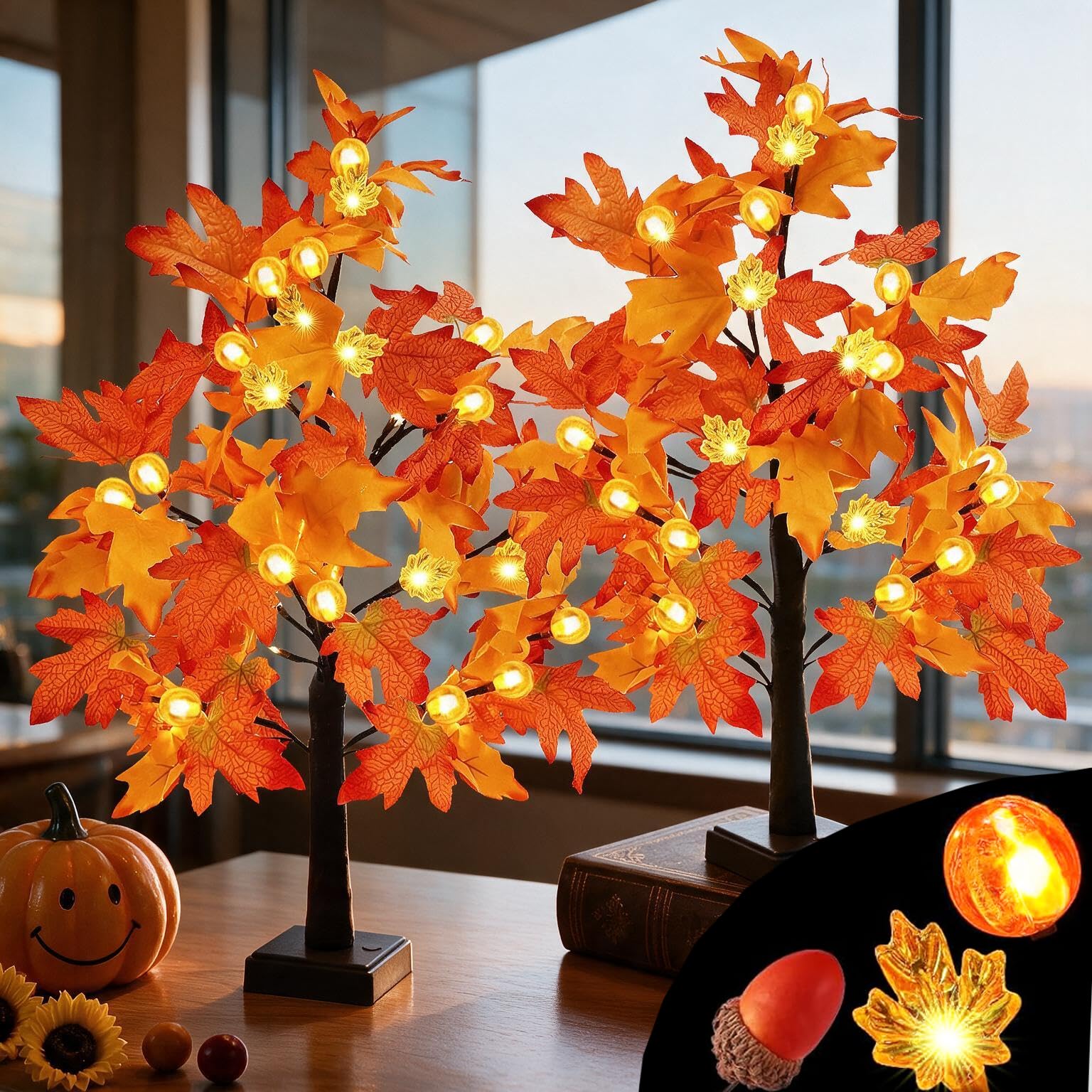 Confezione da 2 alberi illuminati autunnali da 61 cm con 48 LED a batteria, decorazioni autunnali che si illuminano con zucche artificiali, albero di ghianda per autunno, Ringraziamento, tavola