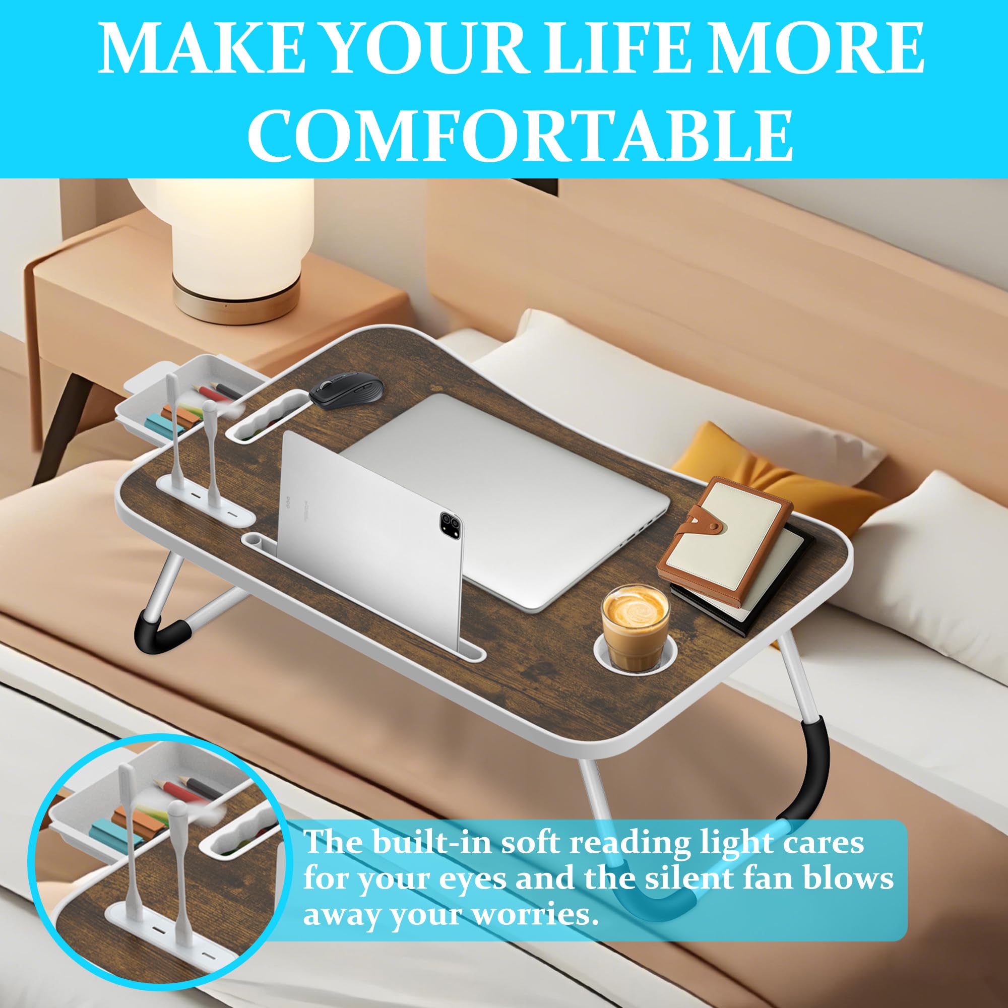 Soontrans Plateau de Lit 60x40x28 cm, Table de lit, Pliable, Support Ordinateur Portable Lit avec Tablette Support, Tiroir, Porte Gobelet, Poignée, pour Lit, Canapé, Sol, étude, Travail (Brun Foncé)