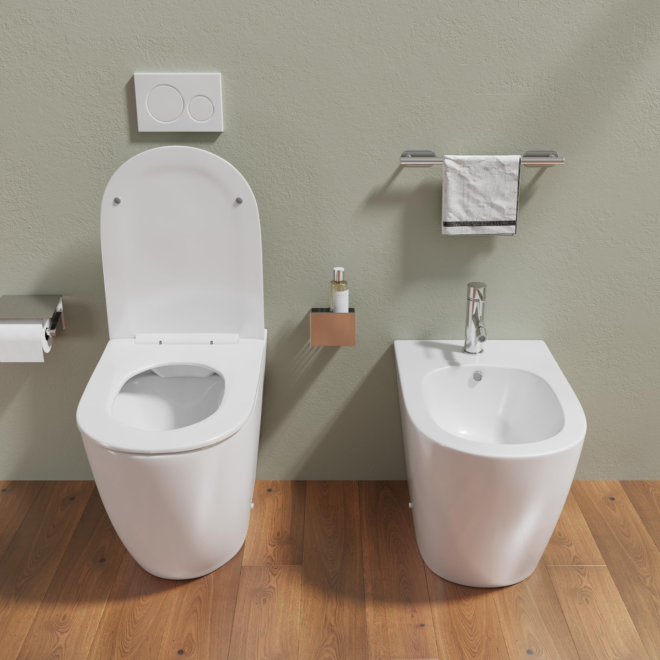 Sanitari filomuro comfort in ceramica bianco lucido vaso rimless h44,5 cm con copriwc soft-close e bidet Mod. Europa
