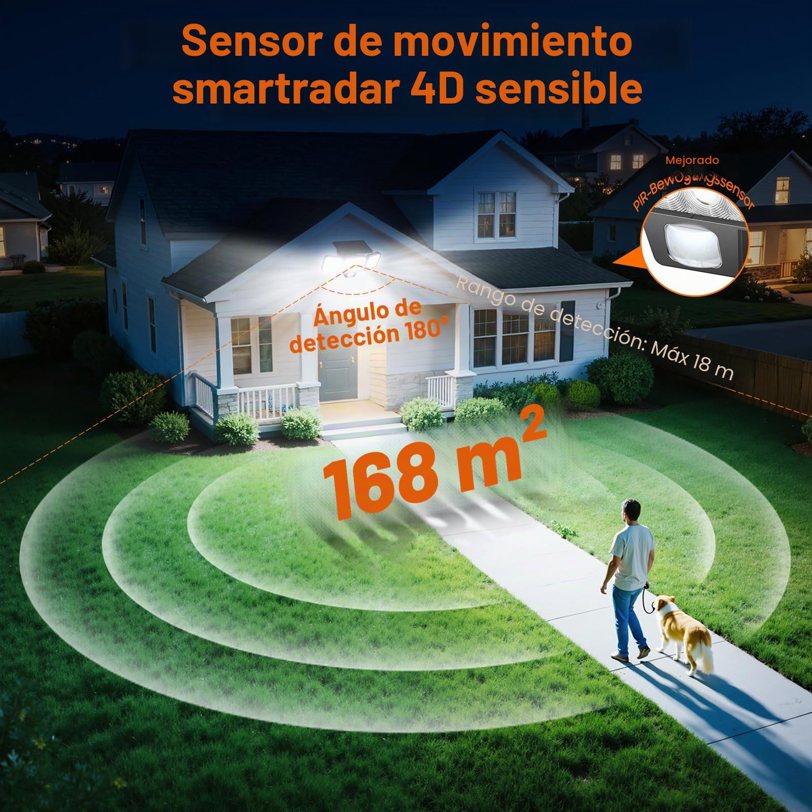GEARLITE Luz Solar Exterior con Sensor de Movimiento 4 Piezas, Focos 120 LED Exterior Solares Potentes con 3 Modos, 3 Cabezas 270°Iluminación, IP65 Impermeable Lampara Solar Exteriores para Jardin