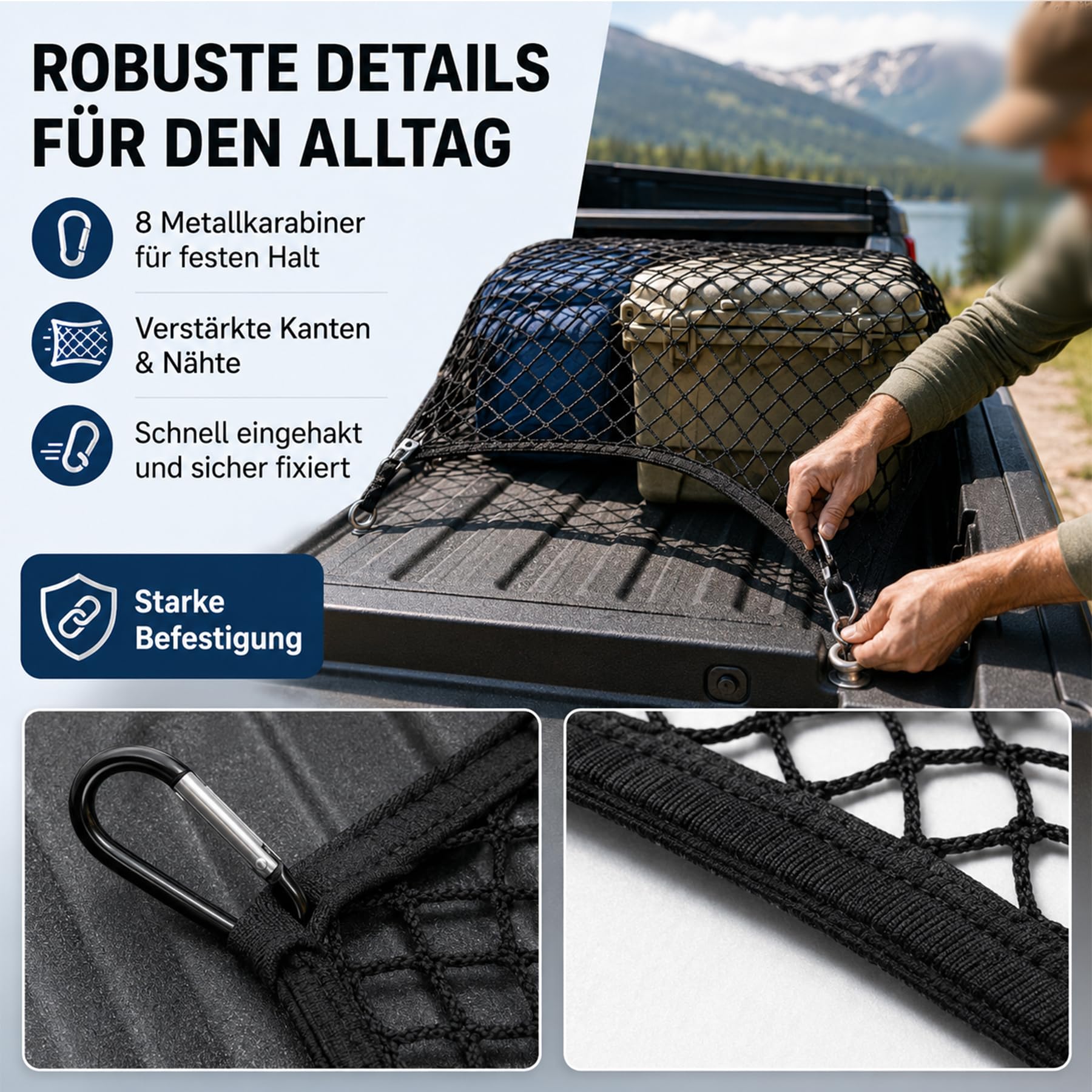 Ladungsnetz für Pickup Truck und SUV, schwarz, Doppellagiges Gepäcknetz mit 8 Metallhaken, Transportnetz für ATV, Anhänger und Boot, 120x 120cm dehnbar bis 210x 210 cm