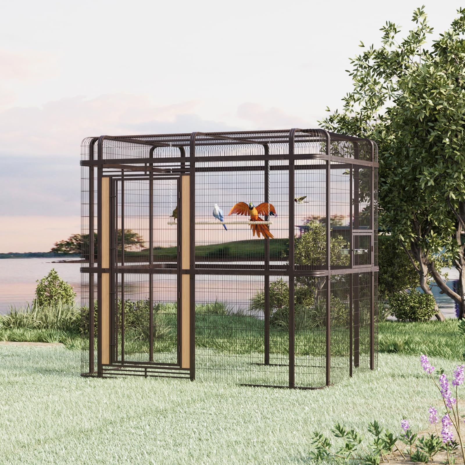 87-inch Outdoor Large Walk-in Cage Heavy Duty Bird Cage Carbon Crystal Board Aviary Parrot Cage Wide Flight Metal Birdcage for Macaw Budgie Conure Lovebird Parakeet Cockatiel, 7.22x5.25x6.8ft, Brown