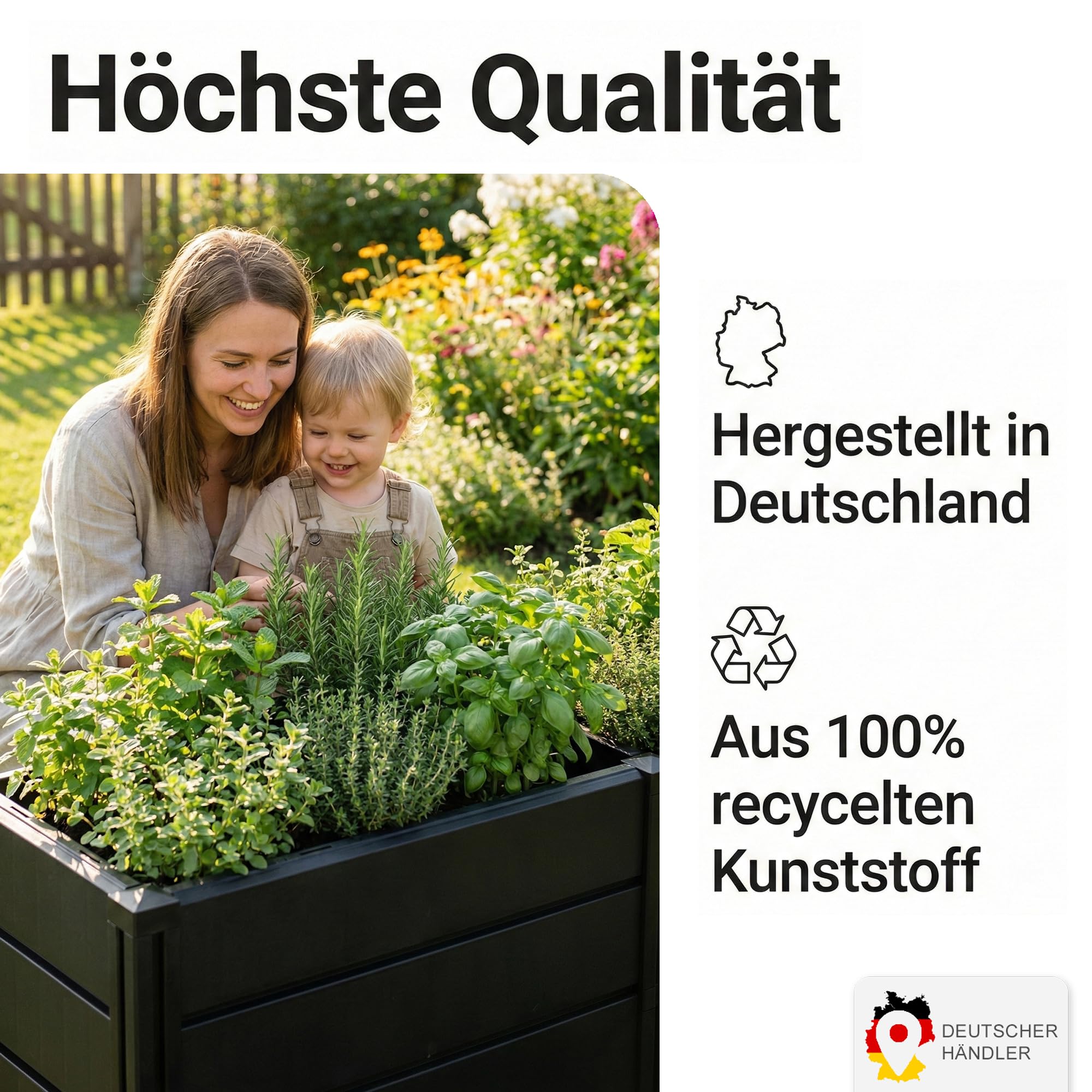 NYVI Hochbeet NYVIGreen M 82x82x61cm 336 Liter - Kunststoff Kräuterbeet für Garten, Terrasse, Balkon - Wetterfest, UV-resistent, Rostfrei, Langlebig - Einfache Steckmontage & Erweiterbarkeit