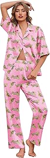 Ekouaer Silk Satin Pajamas Set Women Short Sleeve Pj Sets Button Down Sleepwear 2 Piece Soft Loungewear S-XXL