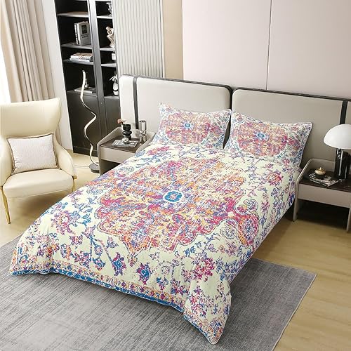 Juego de funda de edredón floral étnica 100% algodón orgánico, tamaño Queen, bohemio, vintage, rosa, azul, retro, bohemio, exótico, funda de edredón