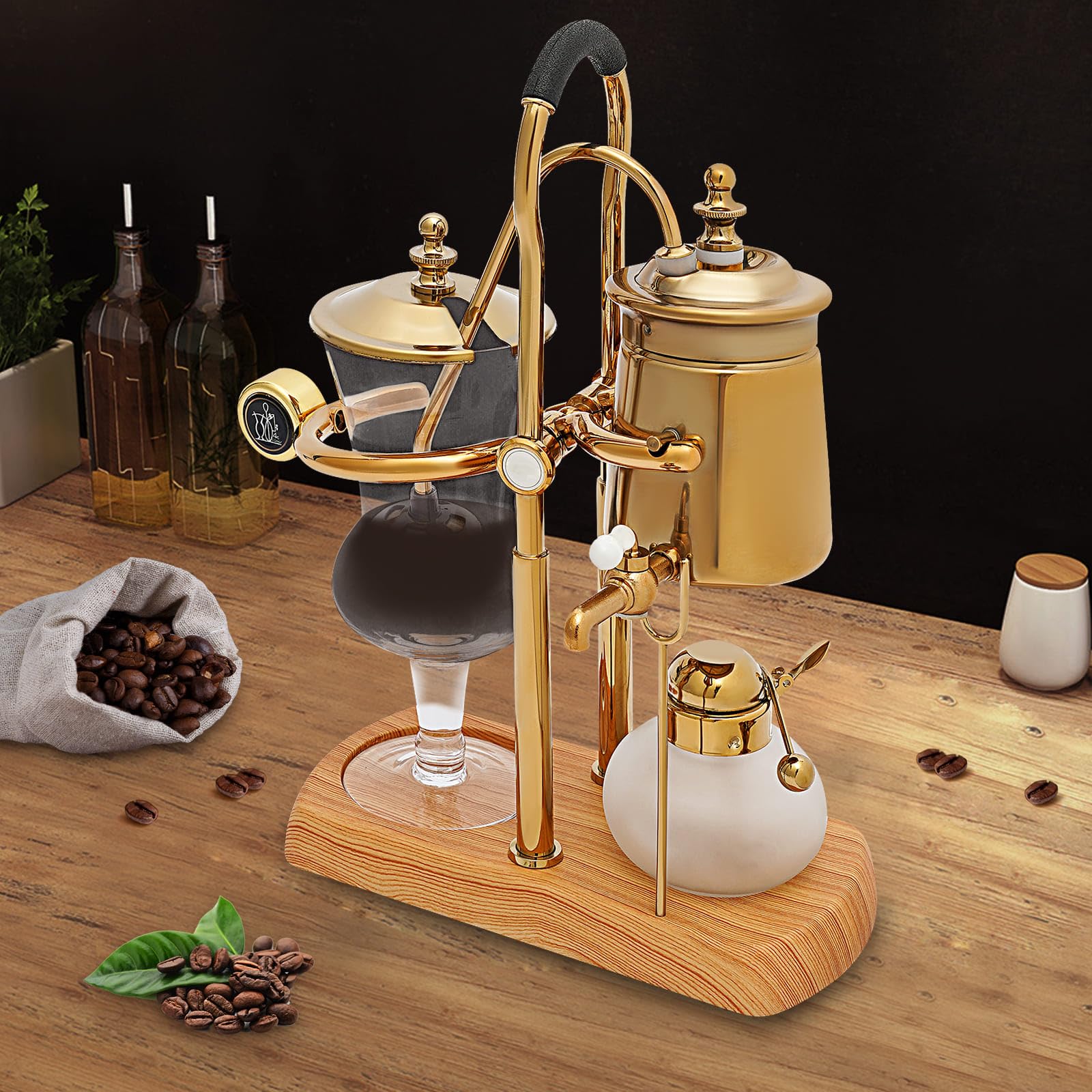 Machine à Café à Siphon d’équilibrage, Cafetière Royale Belge Doré, Style Vintage et Élégant, Capacité 400ml