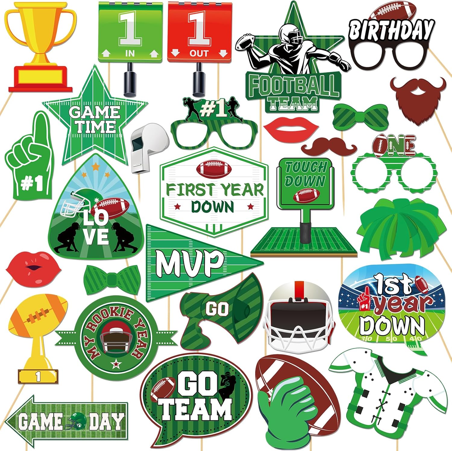 30 Pcs Football Birthday Photo Booth Props Kit, 1st Year Down Baby Shower Party Decoration for Boys, Sports Themed Football Photography Supplies