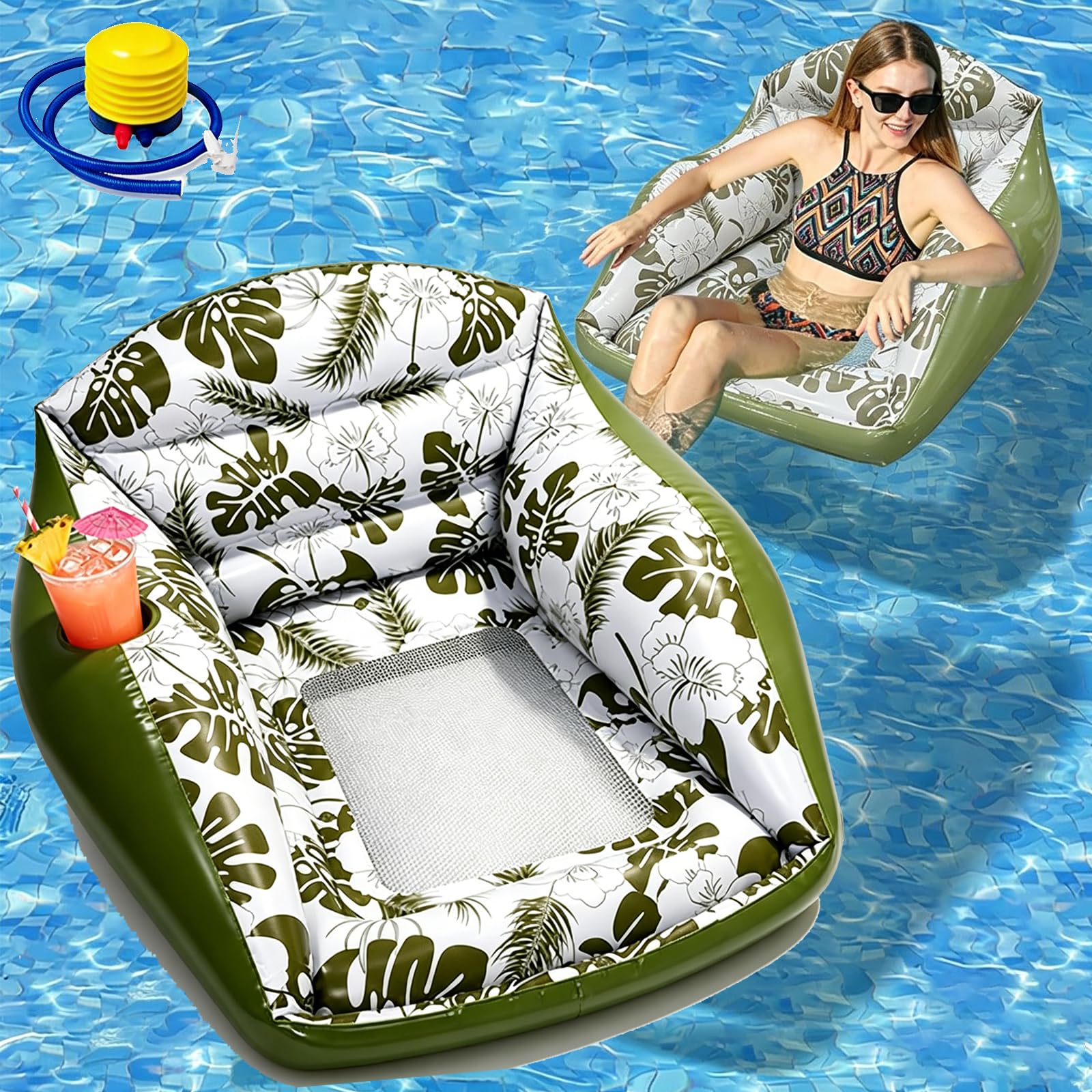 3-in-1 Inflatable Pool Lounge Chair, U-Shaped Inflatable Pool Float, Ergonomic, Cooling Mesh Seat, Tropical Print, Adult Floating Lounger with Cup Holder for Outdoor Beach Party (Green)