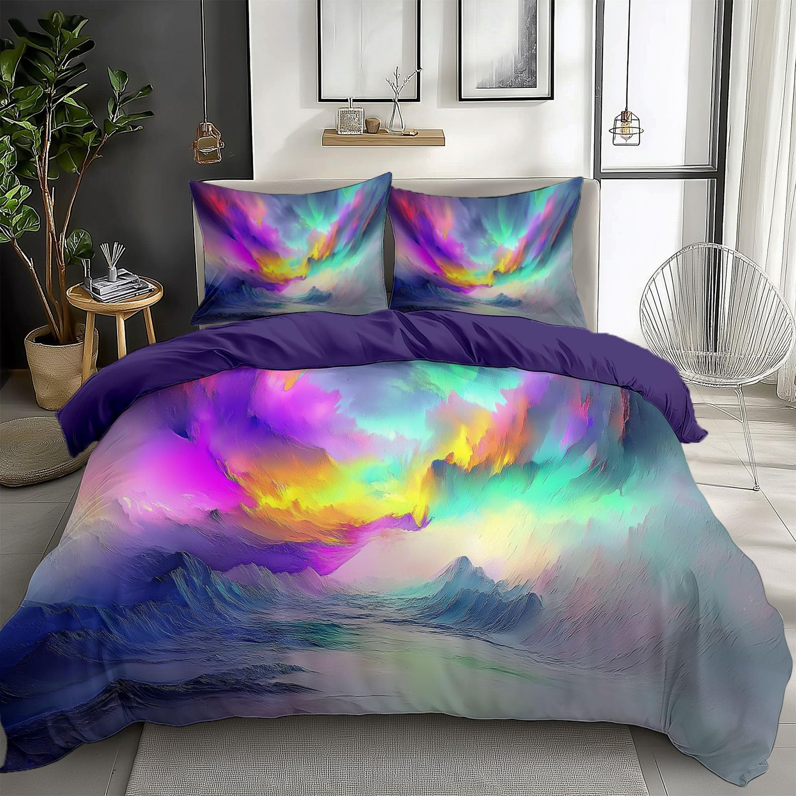 Purple Duvet Cover King Size Abstract Painting Sky Reversible 3 Pieces Duvet Cover Set, Bedding Set for All Season, Soft and Breathable Bedding Set with Zipper Closure