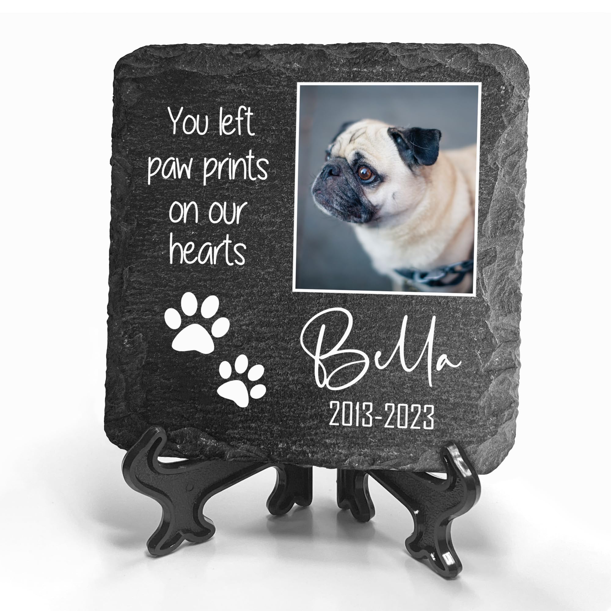 Personalised Individual Dark Gray Memorial Small Plaque With Stand For Pet Cat Dog Slate Stone Frame Paw Grave Marker - Size | 3.98" x 3.98" or 100 x 100 mm | - Two Paw Print Photo