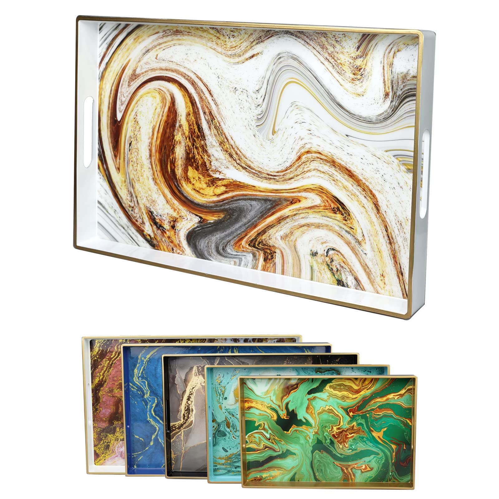 White Marbling Decorative Tray with Handles, Morden Plastic Rectangular Serving Tray for Coffee Table Bathroom, Ottoman, Home Decor, 15.7"* 10.2"* 1.38"