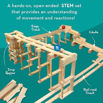 MindWare KEVA Contraptions, Wooden Blocks Building Set, Marble Run Kit, Includes 2 Balls - 200 Planks