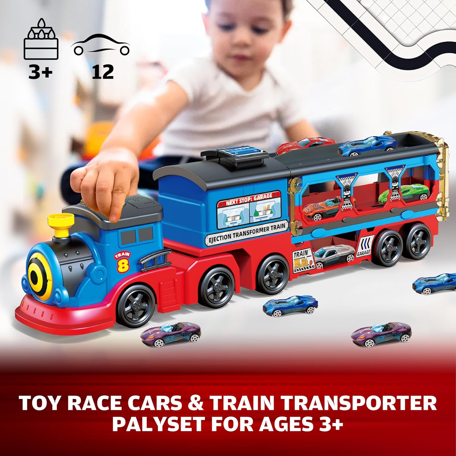 Train Set for Toddlers, Carrier Toy Truck w/54 Inch Foldable Race Track, 12 Die Cast Car Toys for Ages 2-4, Train Toy Semi Truck w/Light & Sound, Kids' Play Cars & Race Cars Trains Gift for Boys Girls