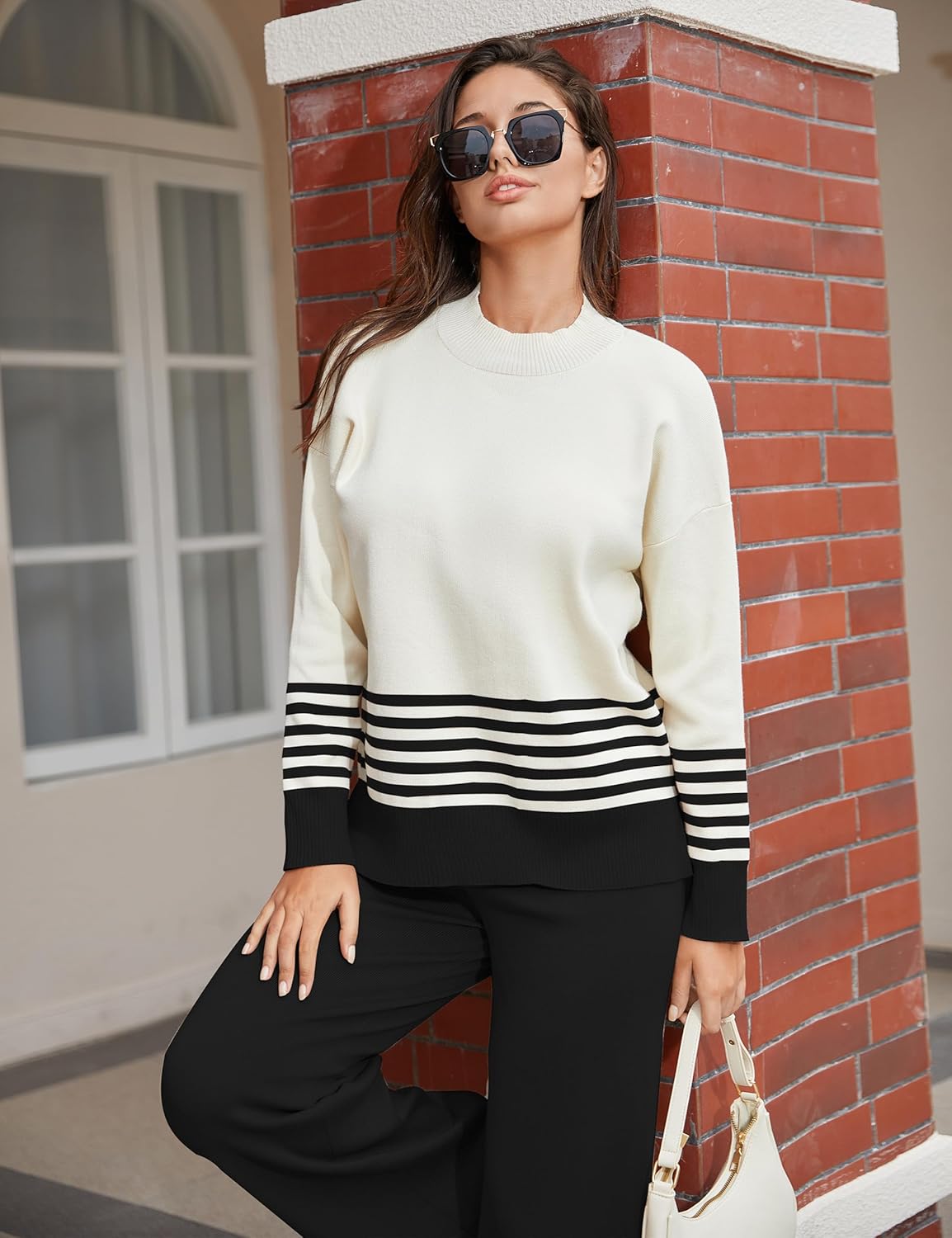 Women's 2 Piece Outfits Sweatsuit Knit Striped Pullover Top Wide Leg Pants Tracksuit Lounge Sets - Image 4
