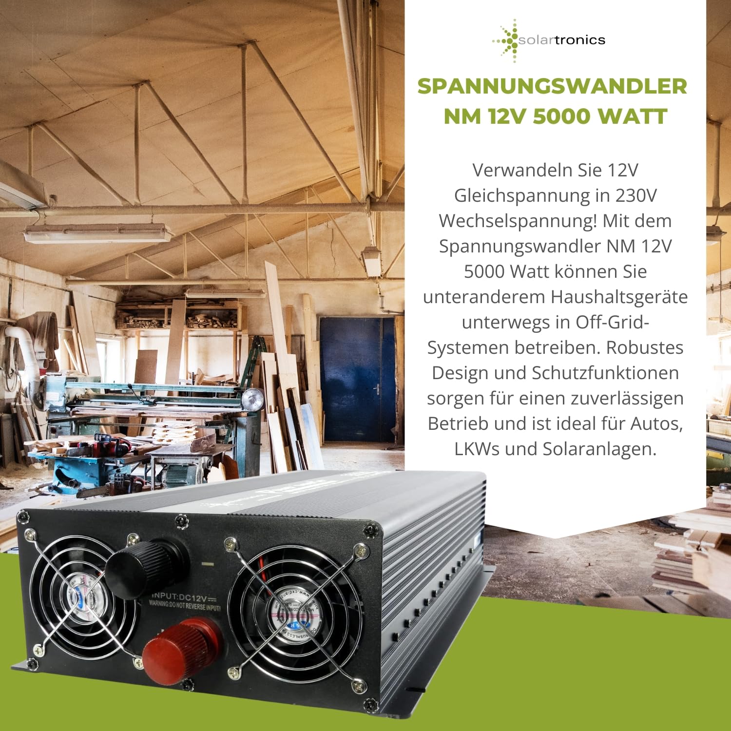 SOLARTRONICS Przetwornica napięcia NM5000 12 V 5000 W czarna - moc szczytowa 10000 W - falownik 12 na 230 V - kompatybilny z bateriami ołowiowymi lub AGM - ze złączem Schuko i USB