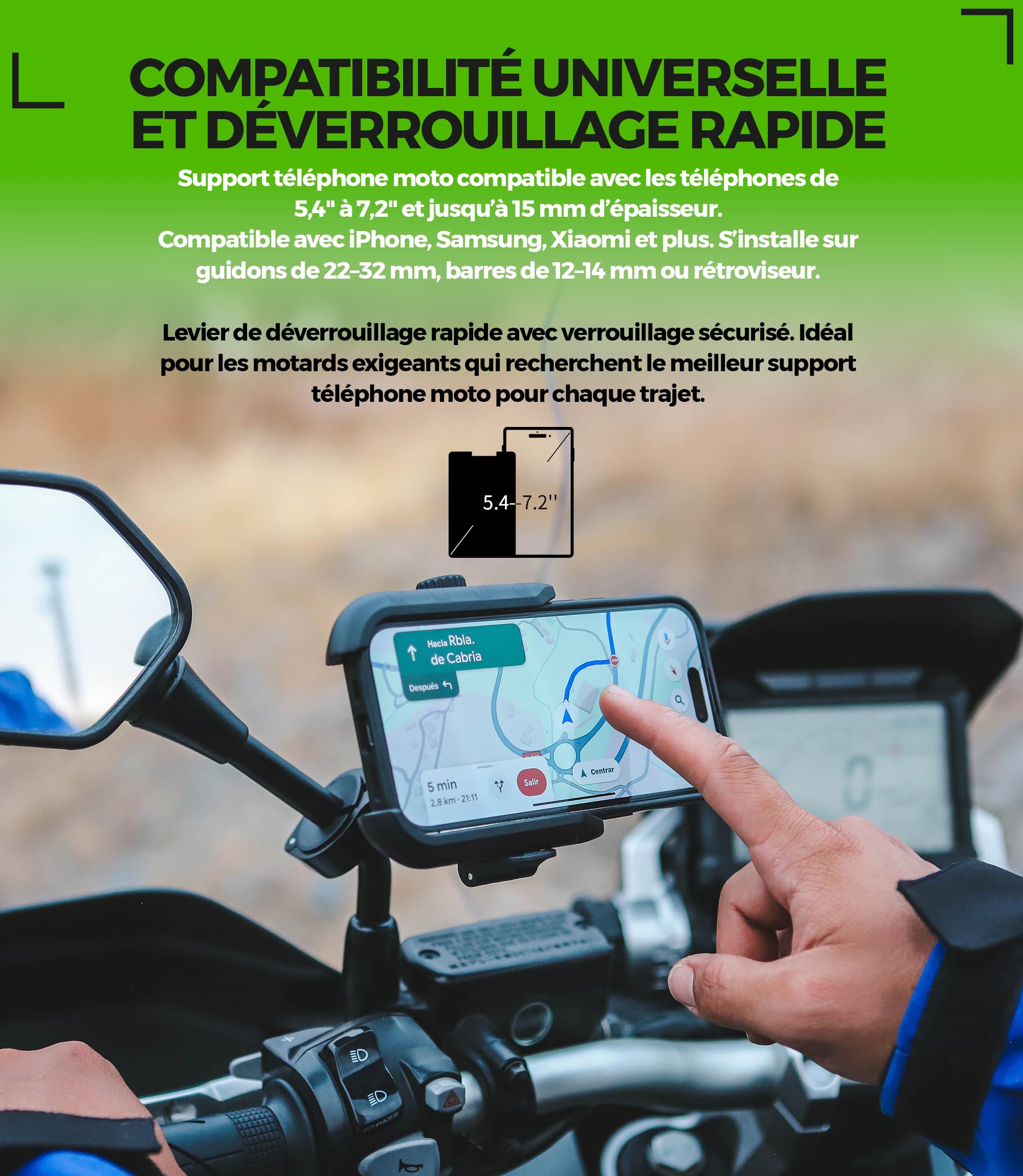 Support Telephone Moto Antivibration Aluminium CNC Double Fixation Guidon 22-32mm Rétroviseur 12–14 mm Libération Rapide Design Ouvert Compatible Scooter Vélo Trottinette Électrique Rotation 360°