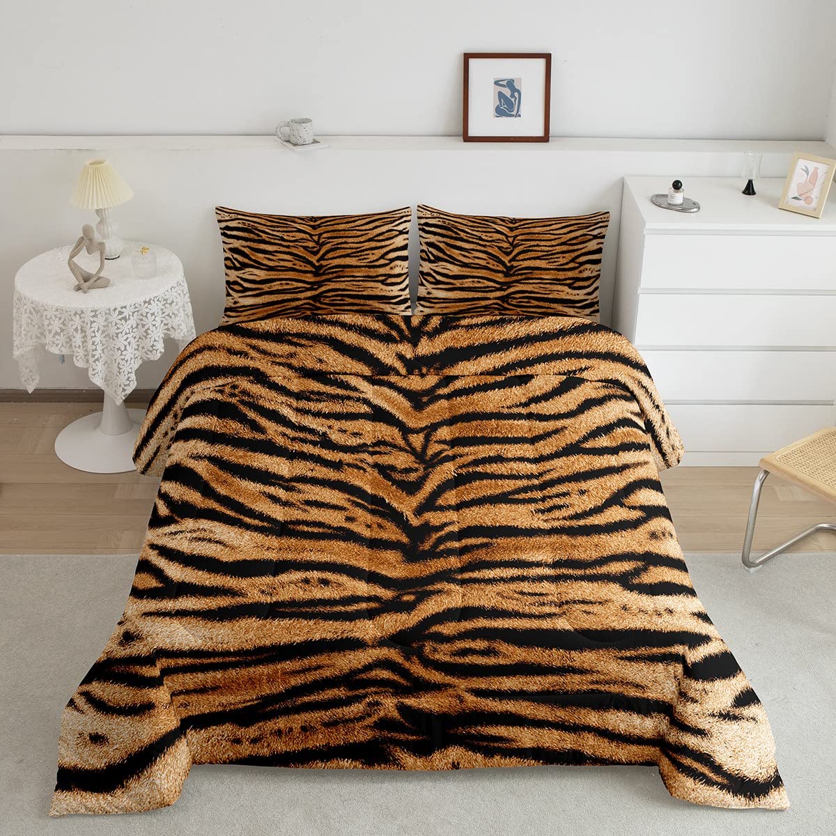 3D Tiger Skin Comforter Set Wild Africa Animals Bedding Set Full Size Kids Teens Men Adult Home Room Decor Abstract Black Brown Stripes Quilted Duvet Romantic Vintage Bedspread,2 Pillowcases