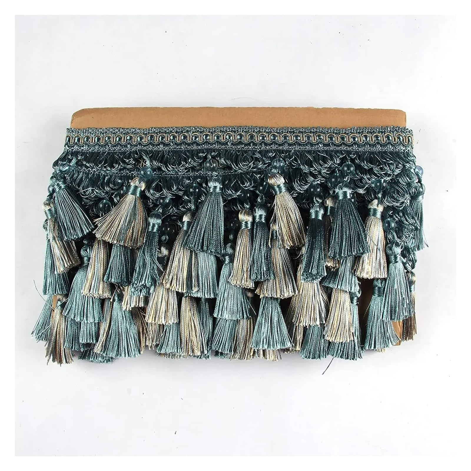 Lot de 6 m de rideau à franges en dentelle - 9 cm de large - Couleur café et doré - Décoration de vêtements - DIY - Couture - Tissu - Perles - Pompons en dentelle