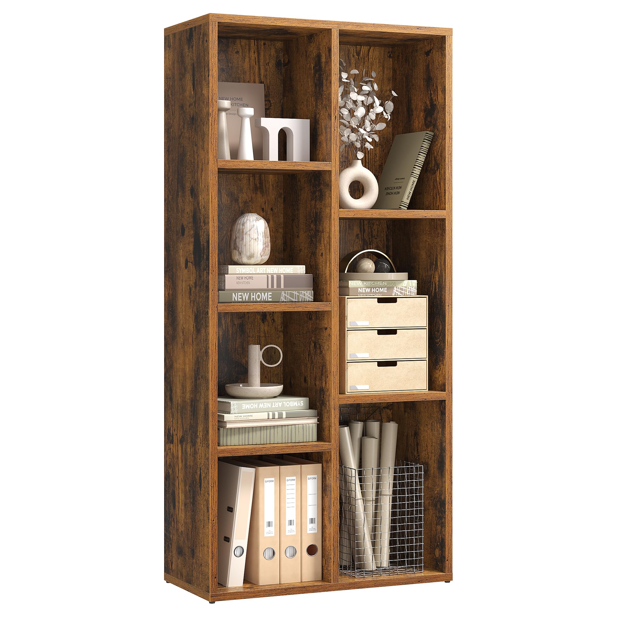 VASAGLE Bookcase, Bookshelf, Storage Shelf with 7 Compartments, Standing Shelf, Cube Shelf, for Living Room, Home Office, Dinning Room, Rustic Brown LBC27BX