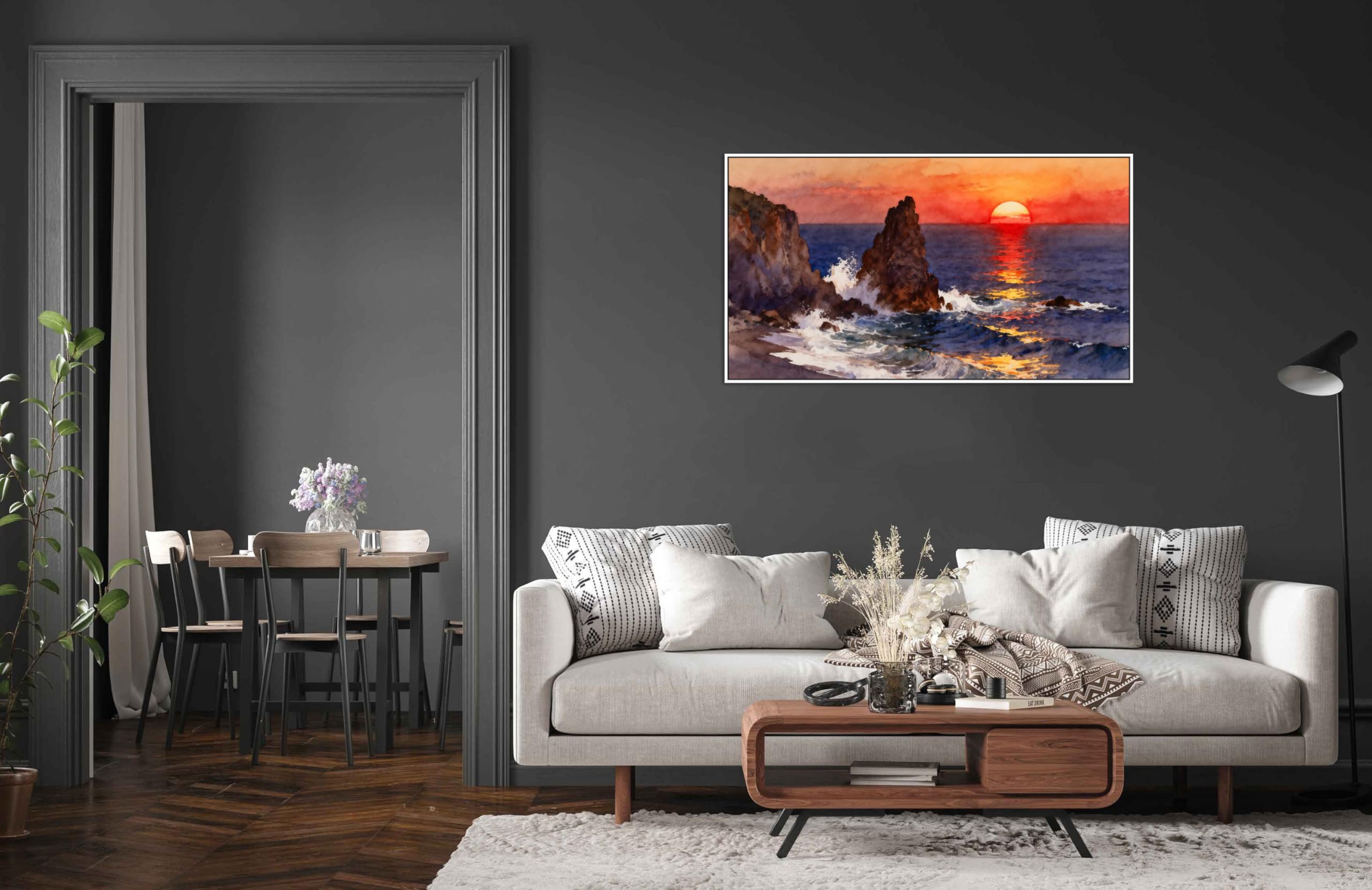 OZPWBVY Landschaft Leinwandbild-Rock Meer Sonnenuntergang-Natur Drucke für Wohnzimmer Schlafzimmer Wohnkultur Fertig zum Aufhängen 50x90cm Weiß Rahmen