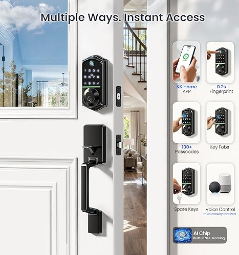 Miniatura 3 de Veise VE017-D - Juego de cerradura inteligente para puerta delantera, control de aplicación, cerrojo de entrada sin llave 8 en 1 con manija de Negro