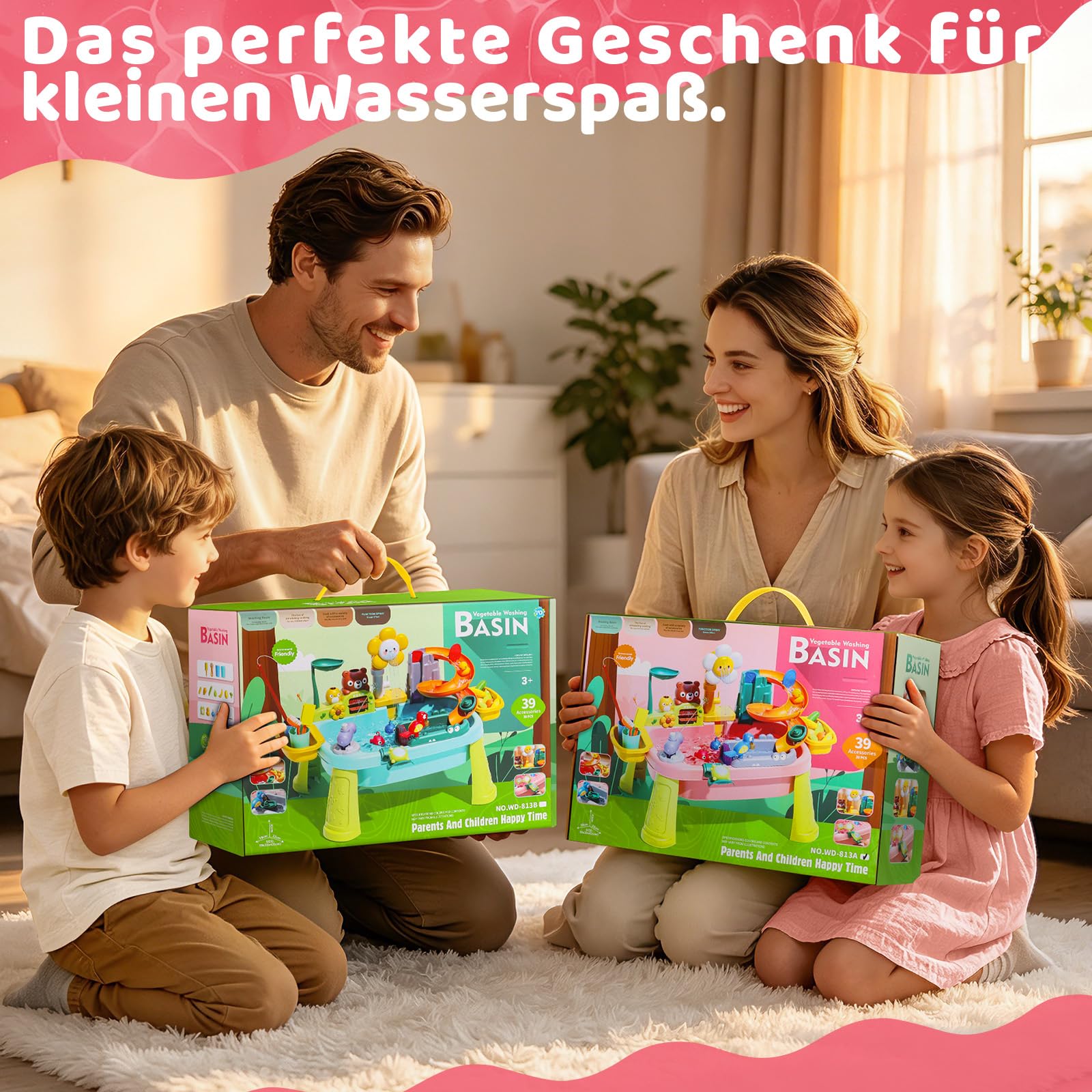 Kinder Spülbecken, Kinderwaschbecken mit Wasserkreislauf, Waschbecken Kinder mit Wasserfunktion, Wasserspieltisch mit Elektrischem Wasserhahn Obst Gemüse und Angelspielzeug ab 3 Jahre (Rosa)