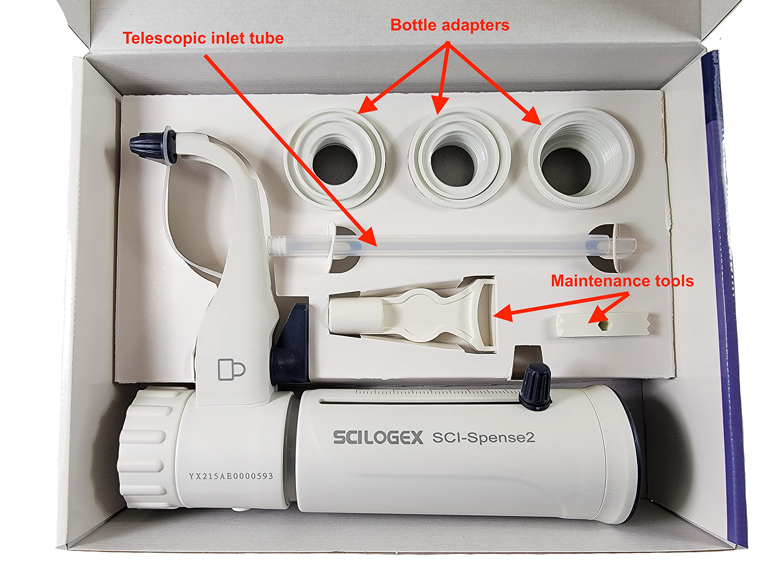 SCILOGEX SCI-Spense2 Bottletop Dispensers | 10-100mL, 45mm Thread, c/w 5 adapters - 1 Year Warranty