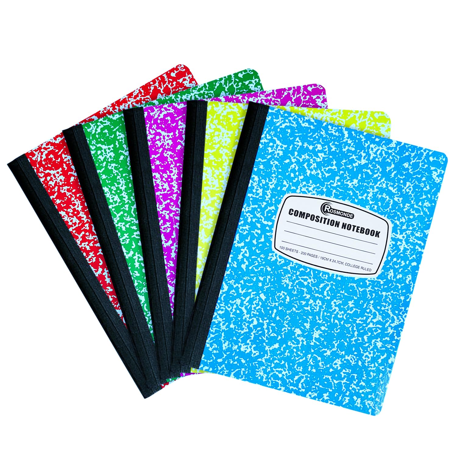Rosmonde Composition Notebooks College Ruled, 5 Pack, 200 Pages (100 Sheets), 9-3/4 x 7-1/2", Assorted Colors Composition Notebook, Sewn Binding & Hard Cover, Notebooks for Students, Colors May Repeat