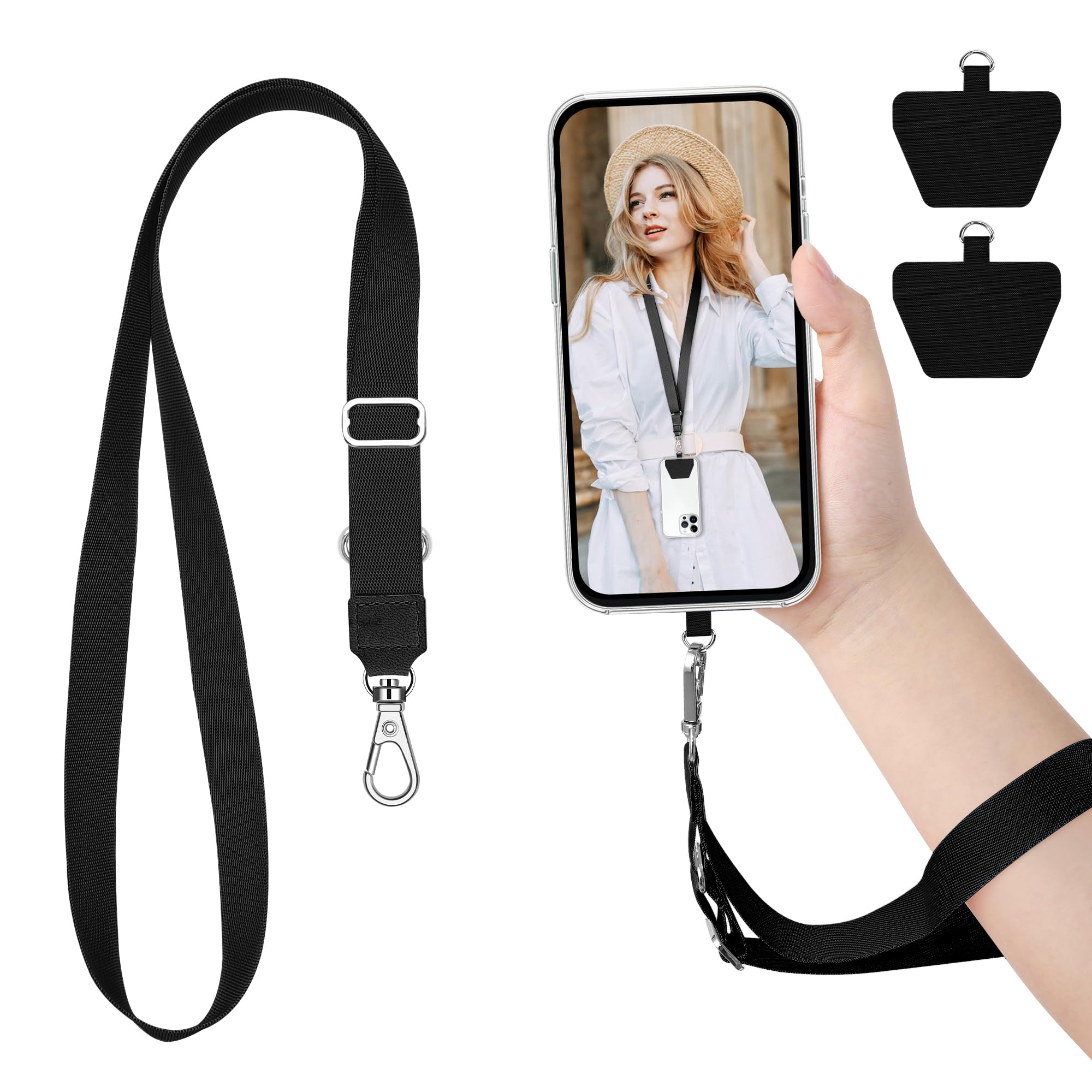 takyu 2 Pcs Adjustable Phone Lanyard Neck Strap, Universal Mobile Phone Lanyard with 4 Adhesive Tethers, Compatible for iPhone, Samsung, HUAWEI and Most Smartphone Black & Gray