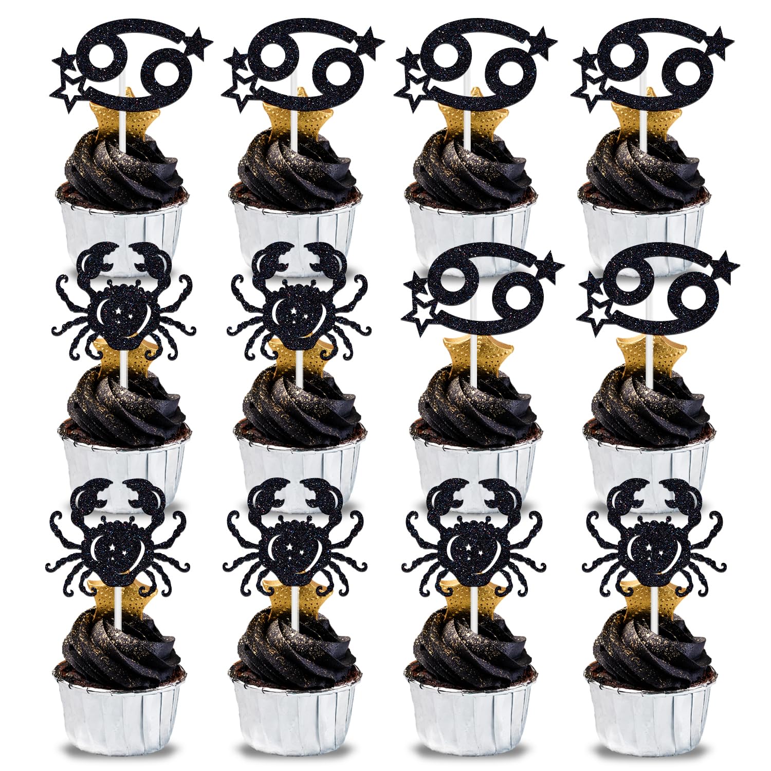 12Pcs Cancer Cupcake Topper, Big Cancer Energy/Gemini Season, 12 Constellation June/July Birthday Cupcake Decoration, Horoscope Astrology Birthday Party Supplies, Black Glitter