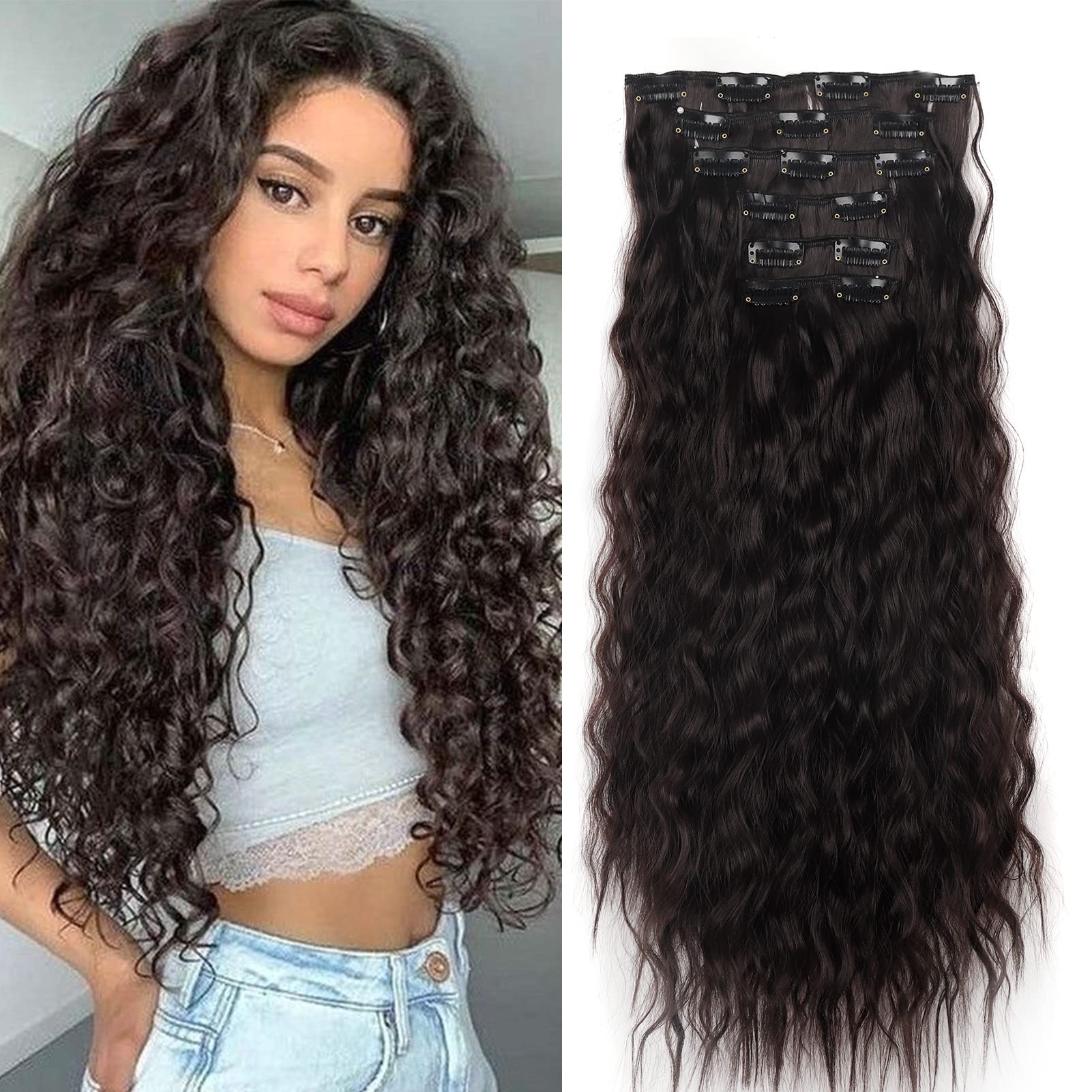 Clip in Hair Extensions Curly Wavy Long Hair Pieces 6PCS Full Head Synthetic Hair Extension Thick Natural Look for Women, 20 Inches 140g, Dark Brown