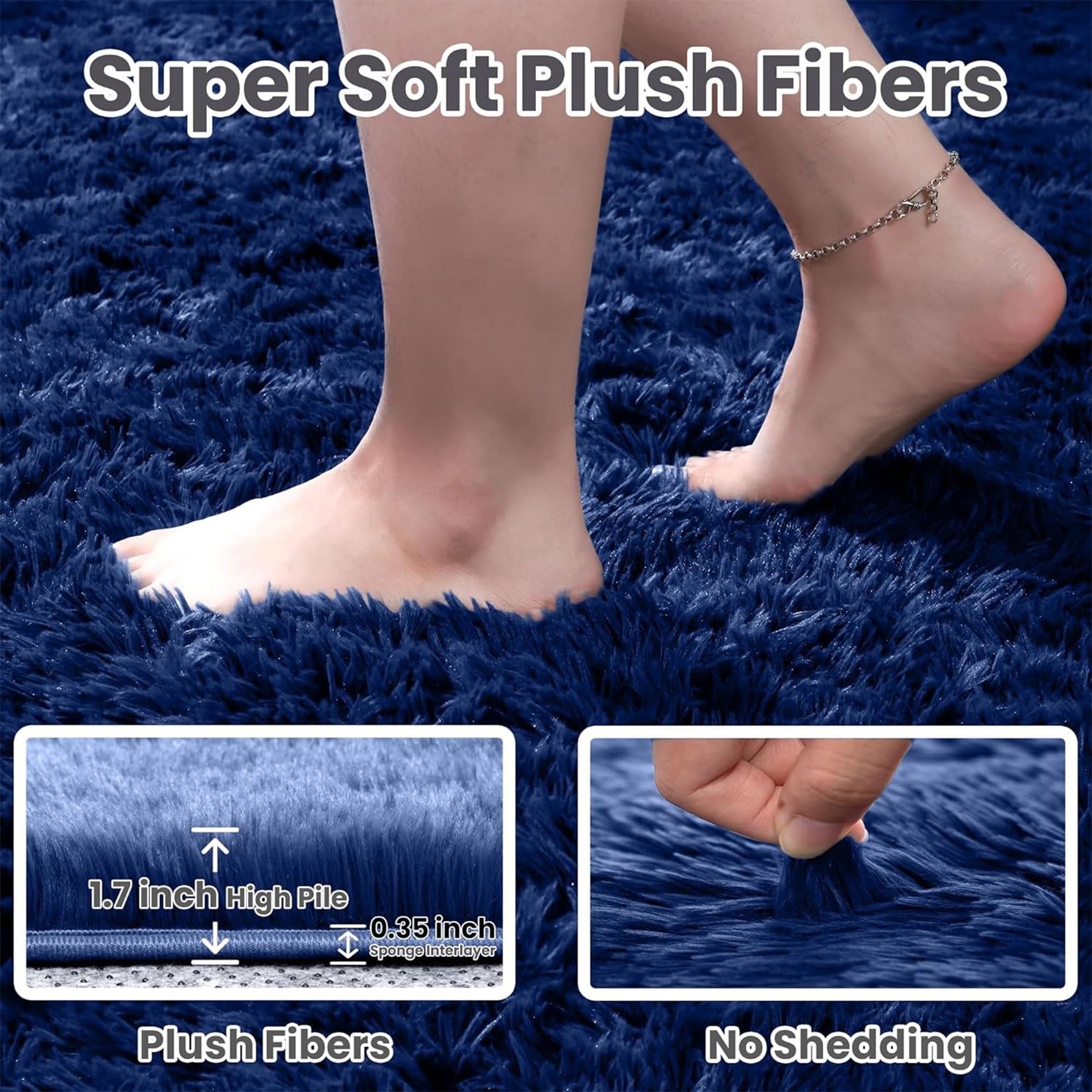 Tapis de Salon 160 x 270 cm Moelleux Shaggy Doux et Confortable Moderne Tapis Moelleux Salon Dessous Antidérapant, Décoration Intérieure pour Chambre Filles Enfants, Bleu Foncé