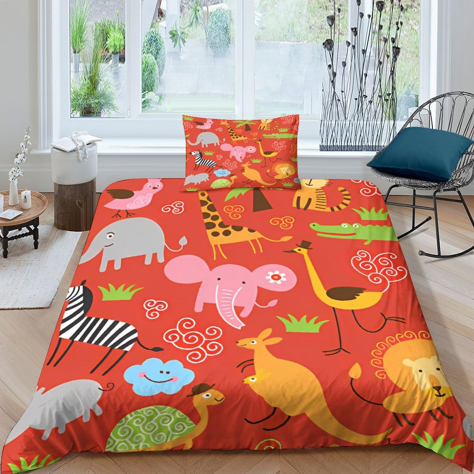 Housse de couette animaux dessinés à la main pour chambre d'enfant parure de lit 135x200cm