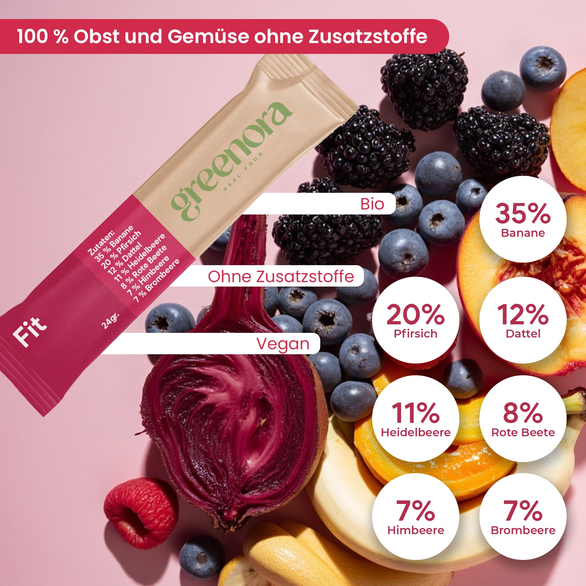 GREENORA Veganer Smoothie Gefriergetrocknetes Fruchtpulver 100% Natürlich BIO. Dehydriert. Erdbeere Apfel Ingwer Mango Rote Bete Spirulina. Ohne Zuckerzusatz 9x24g