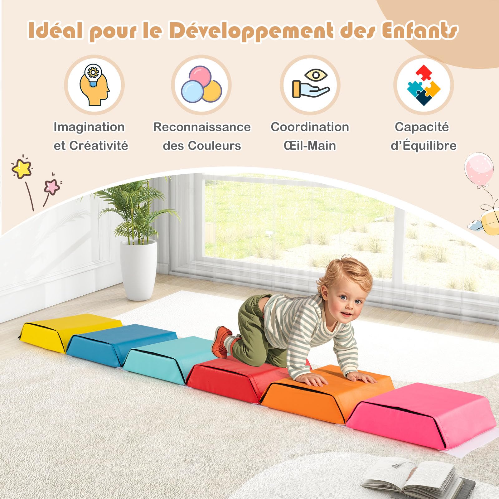COSTWAY 3 en 1 Module Motricité Bébé en Mousse avec Housse en PU, Parcours Motricité Bébé 6 Pièces avec Attaches Auto-Agrippantes, Fosse à Balles Hexagonale pour Ramper Grimper, 12 Mois+