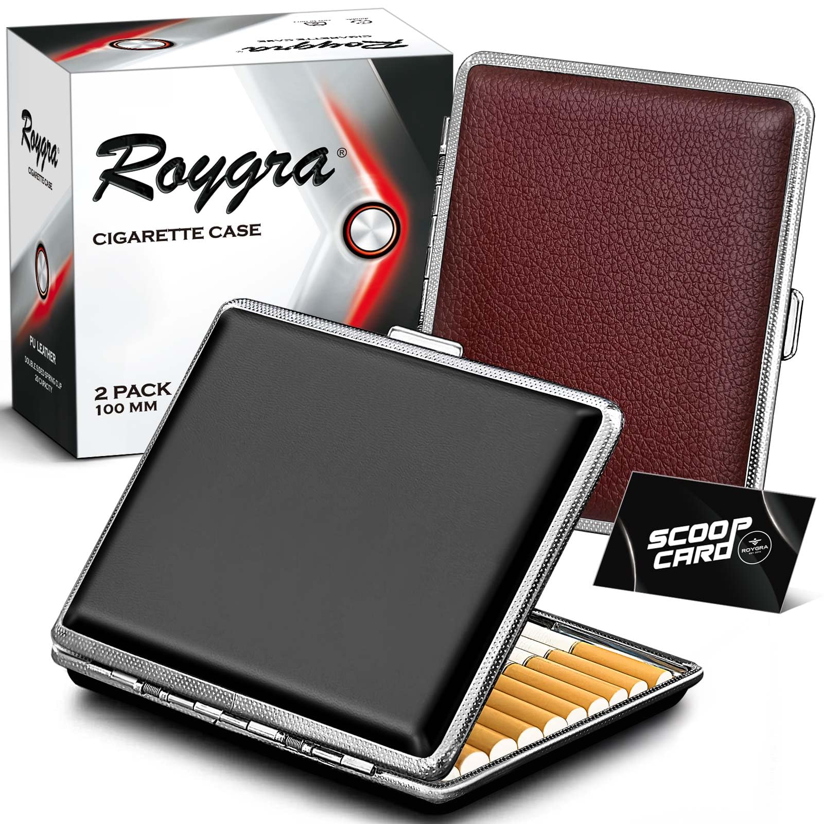 roygra Cigarette Case (2 Pack), Spring Switch 20 Capacity Cigarette Holder Case for Men Women, Cigarettes Smoking Accessories for Smoke, Metal & Leather Box for Regular, King Size and 100mm 100's