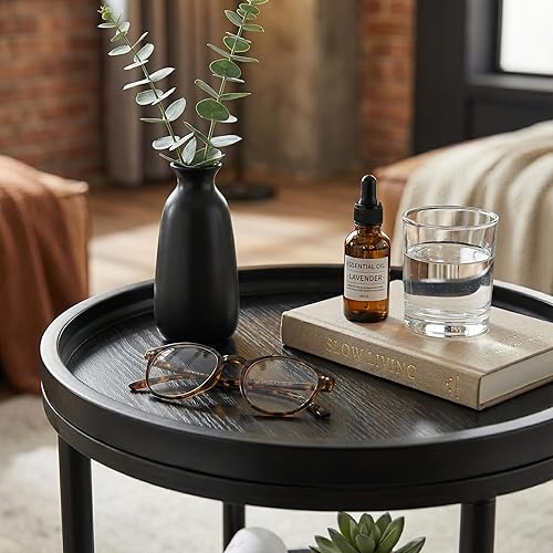 Miniatura 7 de Mesa auxiliar redonda pequeña con bandeja superior, mesa auxiliar negra de 3 niveles para sala de estar y dormitorio, mesita de noche de metal