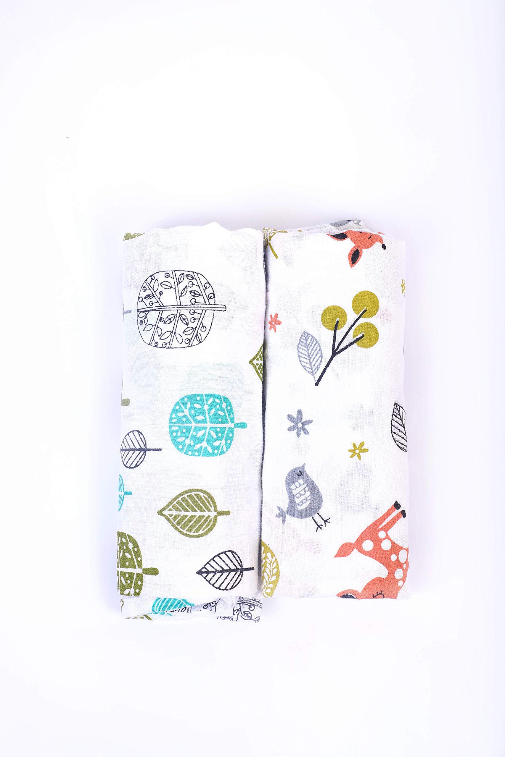 TRENDS Supersoft Organic Cotton Muslin Swaddle Blanket/Swaddle wrap for New Born; Baby Shower Gift Set (Leaf & Deer Printed, 100 x 100 cm)- Pack of 2