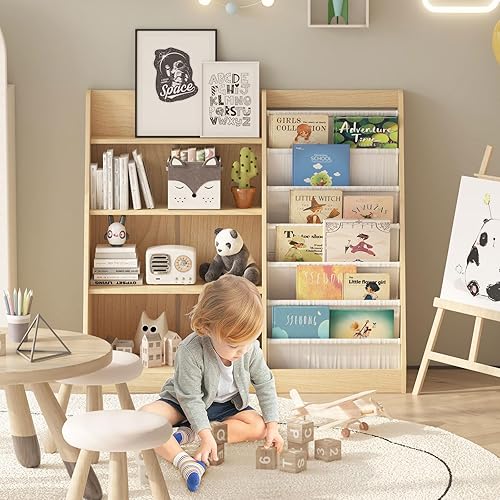 Miniatura 2 de Estantería de 4 niveles para niños, estante para libros para niños pequeños, organizador de almacenamiento de juguetes con 6 eslingas, estante