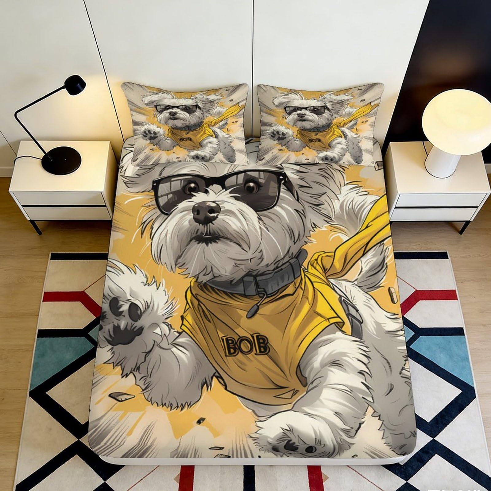 3D Printed Cartoon Dog Fitted Sheet Microfiber Deep Pocket Non-Slip Bedding Cartoon Dog Mattress Fitted Cover for Bedroom Home Protection 200x200x25cm 90x200x25cm
