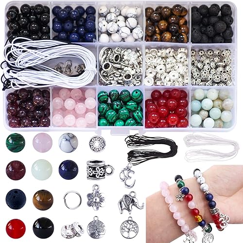 Colle Cuentas de piedra para hacer joyas, kit de 418 cuentas de pulsera con piedra de lava natural, dijes, acabados y 2 cuerdas para mujereshombres